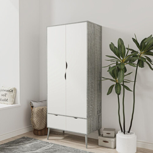 URBN Living (Ash Grey White) 2 Door 2 Drawer Wardrobe with Scandi Legs Cupboard Hanging Rail 180cm