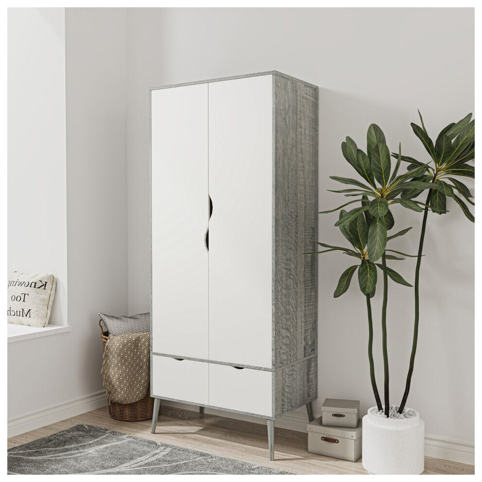 (Ash Grey White) 2 Door 2 Drawer Wardrobe with Scandi Legs Cupboard Hanging Rail 180cm