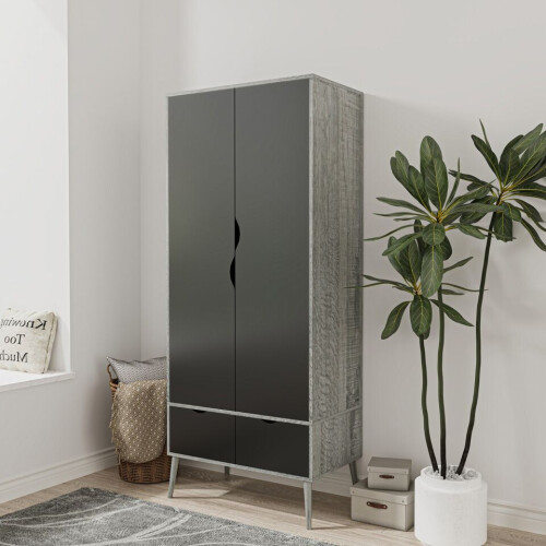URBN Living (Ash Grey Black) 2 Door 2 Drawer Wardrobe with Scandi Legs Cupboard Hanging Rail 180cm