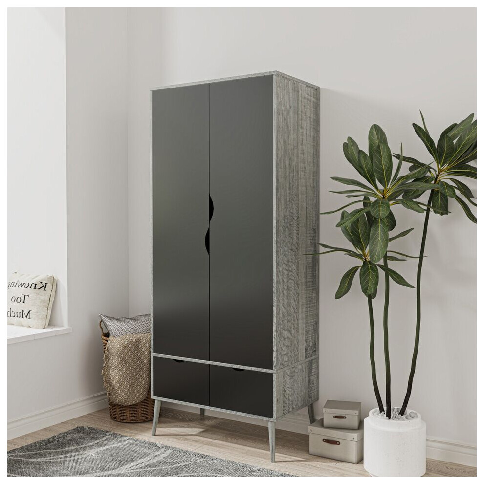 (Ash Grey Black) 2 Door 2 Drawer Wardrobe with Scandi Legs Cupboard Hanging Rail 180cm