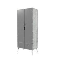 (Ash Grey Grey) 2 Door 2 Drawer Wardrobe with Scandi Legs Cupboard Hanging Rail 180cm