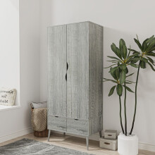(Ash Grey) 2 Door 2 Drawer Wardrobe with Scandi Legs Cupboard Hanging Rail 180cm
