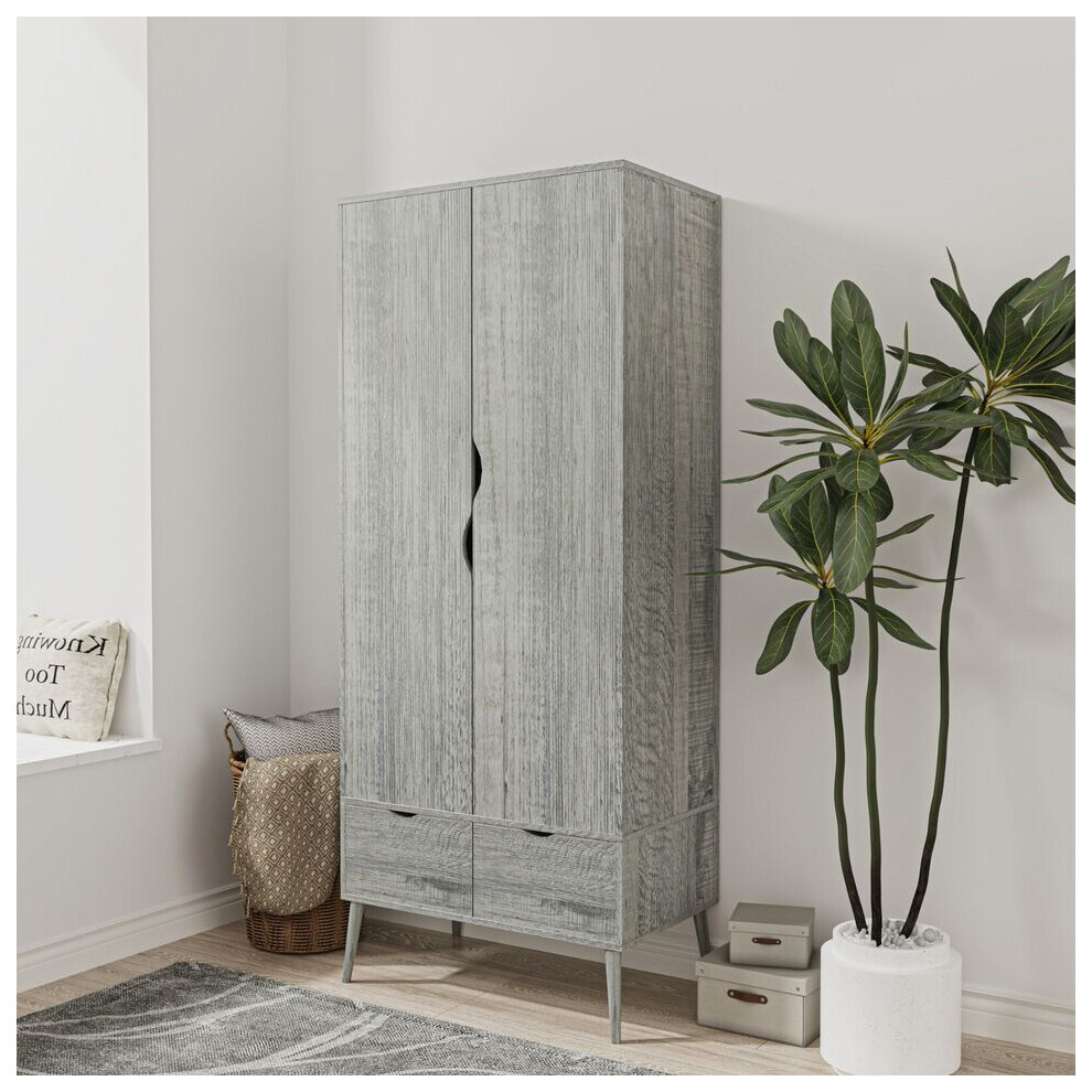 (Ash Grey) 2 Door 2 Drawer Wardrobe with Scandi Legs Cupboard Hanging Rail 180cm