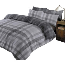 (Super King, Chracoal Grey Silver) Boston Check Duvet Cover with Pillow Case 100% Brushed Cotton Flannelette Reversible Tartan Bedding Set, Red Grey Silver, Double