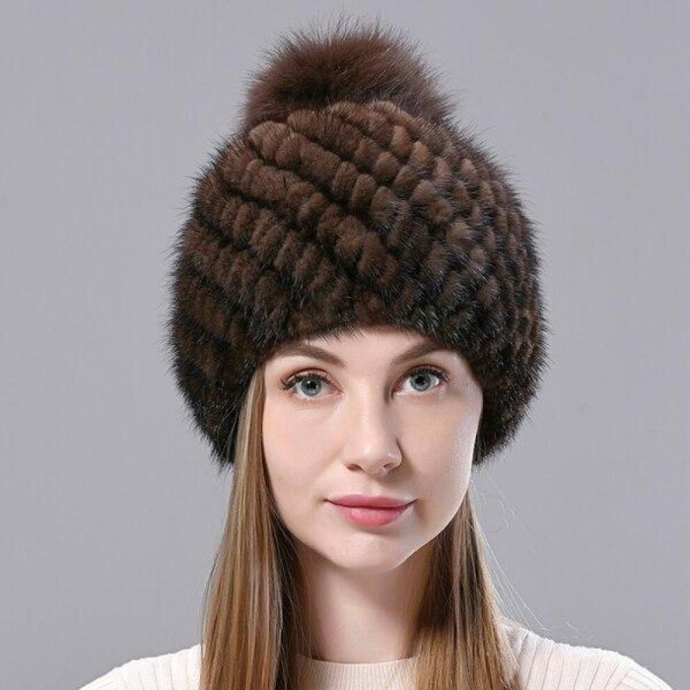 (brown, 55-59cm) Natural Mink Fur Hats Women Knitted Beanies Woolen Lining Fox Fur Pompom Warm Female Winter Hat