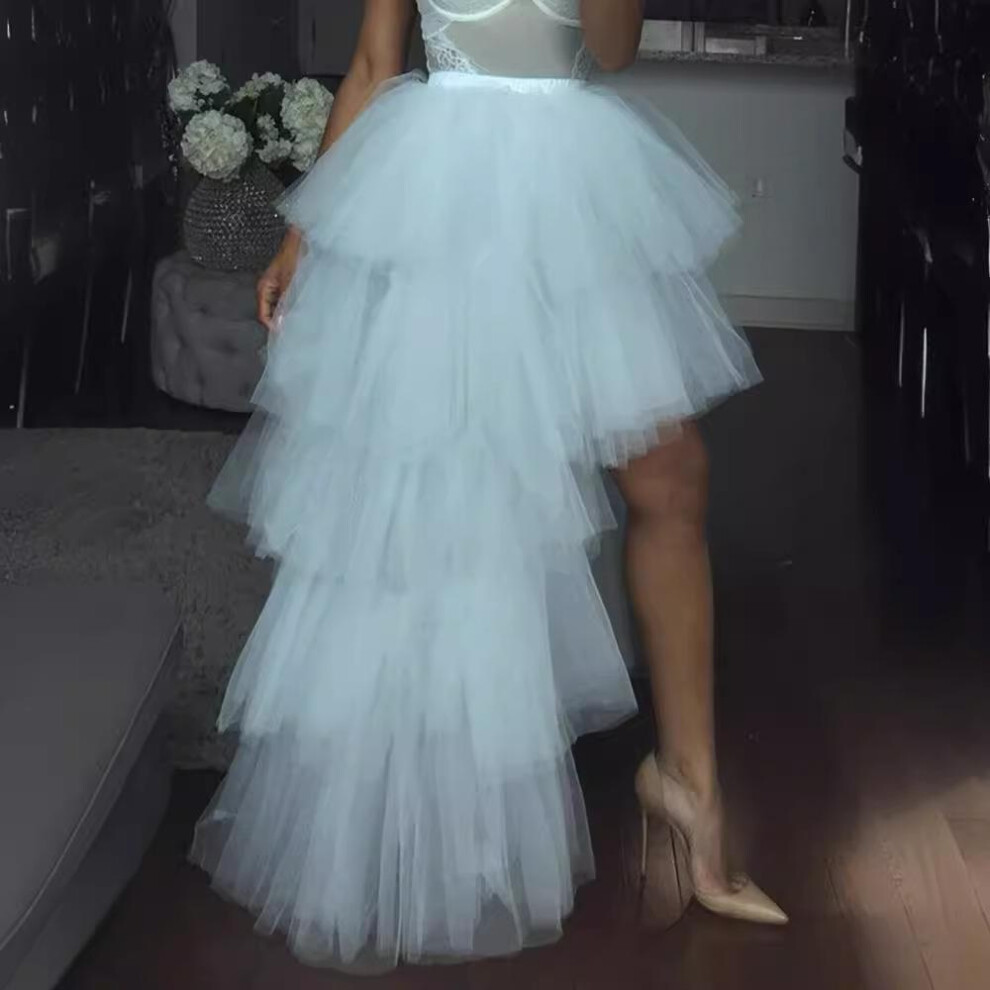 (white, One Size) Top Quality Women Ruffles Fashion Asymmetrical High Long Waist Mesh Tutu Tulle Midi Skirt White Pink Women