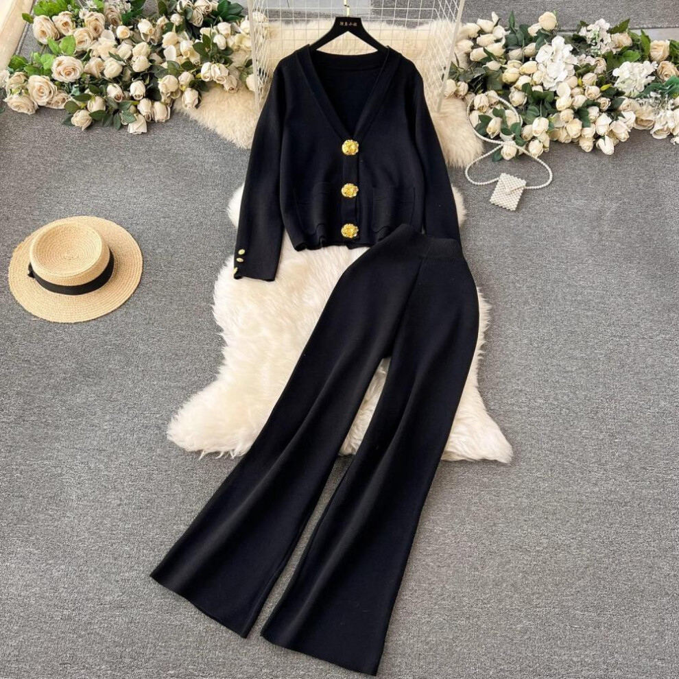(black, One Size) Autumn Winter Golden Buttons V Neck Pocket Cardigan Sweaters + Wide Leg Pants Tracksuits Long Two Piece Set Thick Clothing