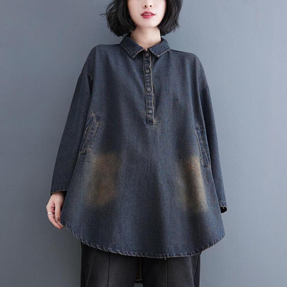 (blue, M) Dimanaf 2023 Plus Size Spring Blouse Casual Long Sleeve Shirt Denim Women Solid  Long Sleeve Oversize Loose