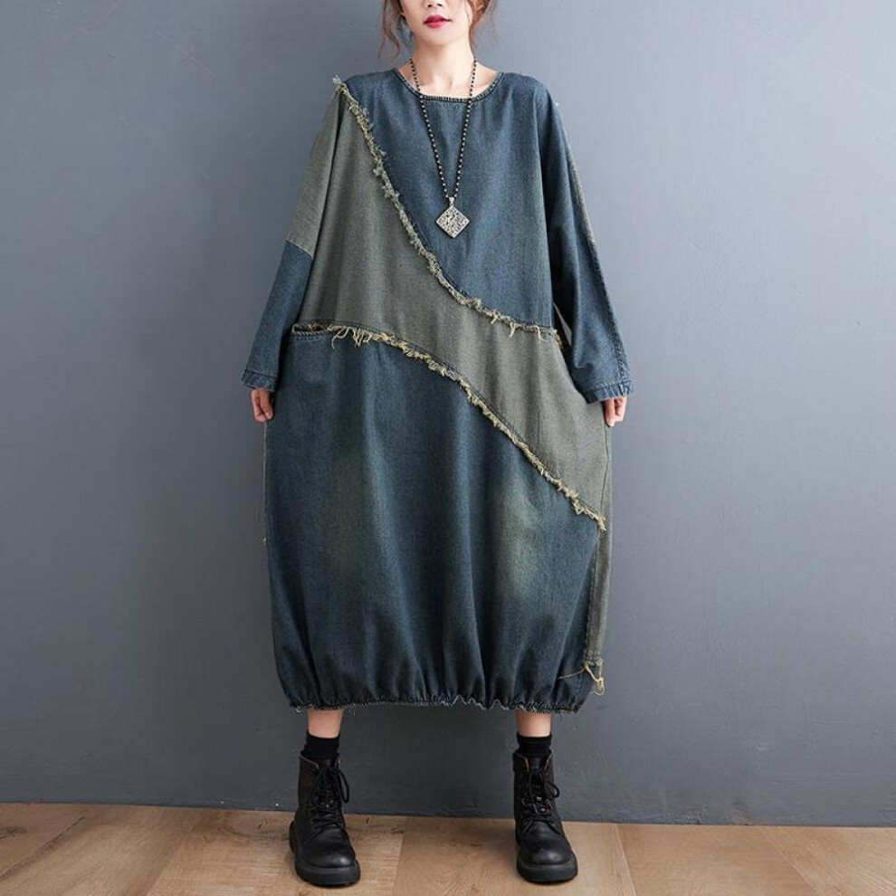 (blue, L) Dimanaf Plus Size Women 2023 New Spring Dress Denim Long Sleeve Dress Fashion Long Dress Loose Dress Blue Basic Dresses