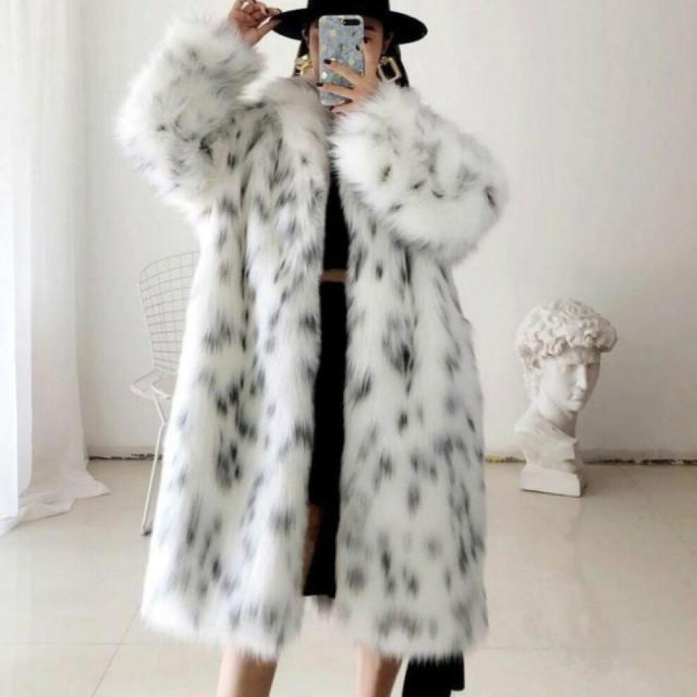 (white, L) Women Winter New Faux Fox Fur Coat Lady Casual Snow Leopard Print Fur Jacket Female Thick Warm Mid-long Plush Outerwear
