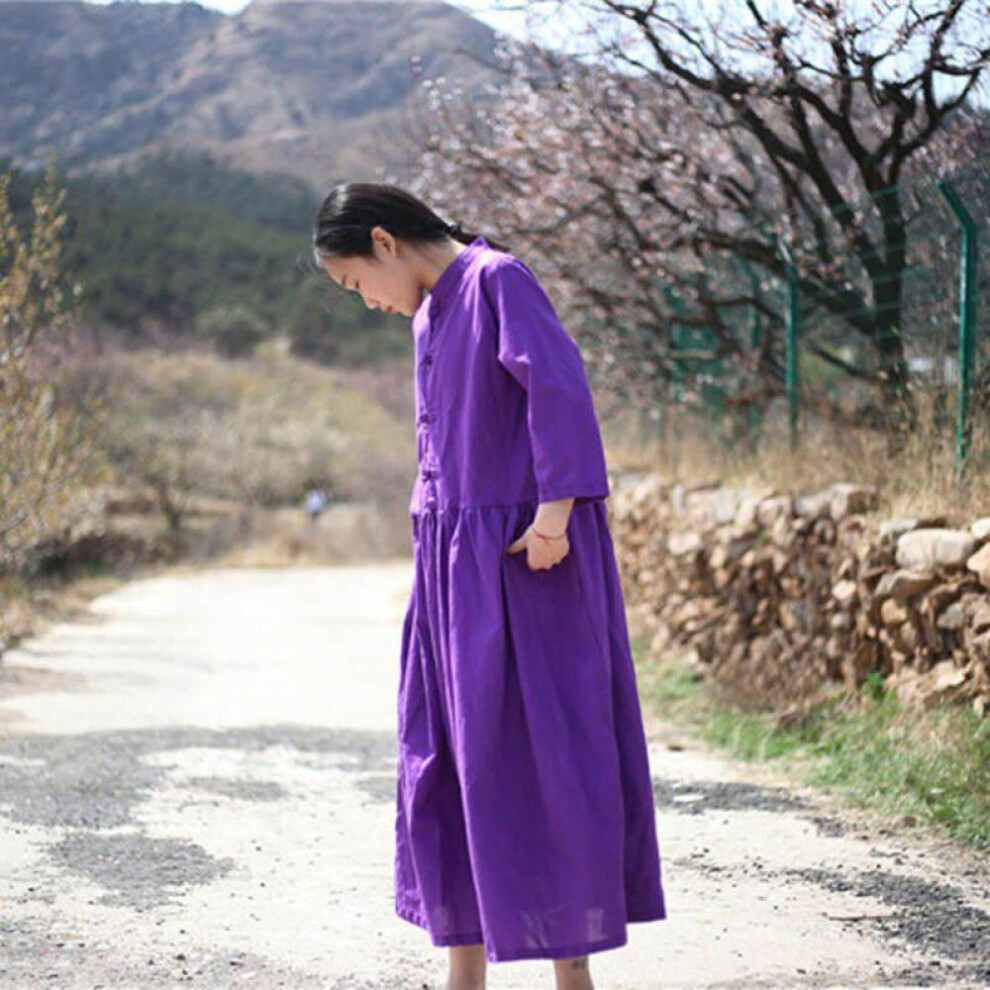 (purple, One Size) Johnature Women Shirt Dress Vintage Pockets Women Maxi Dresses