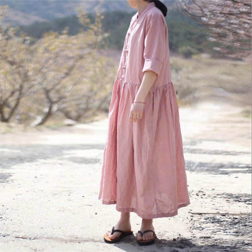 (pink, One Size) Johnature Women Shirt Dress Vintage Pockets Women Maxi Dresses