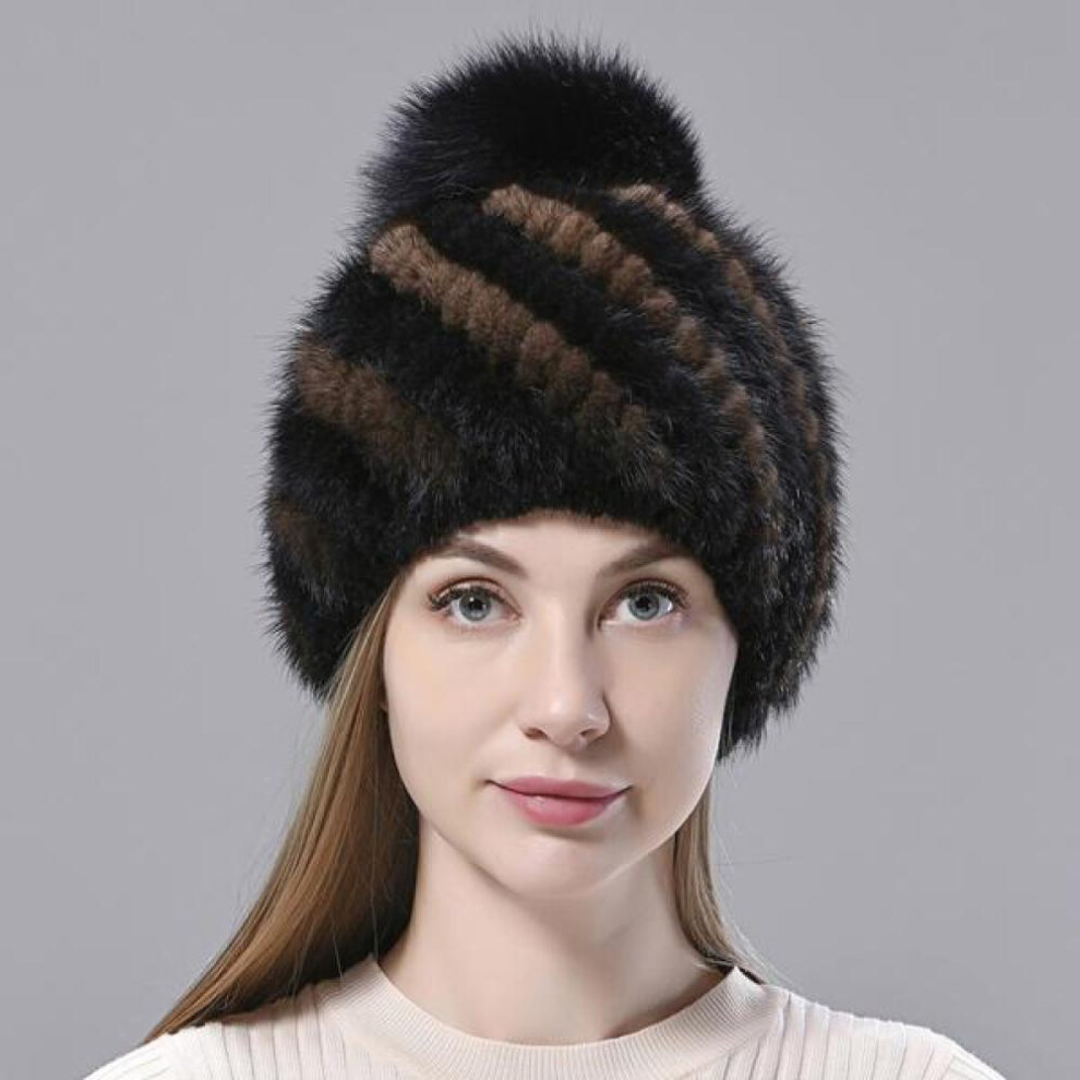 (black,brown, One Size) Natural Mink Fur Hats Women Knitted Beanies Woolen Lining Fox Fur Pompom Warm Female Winter Hat