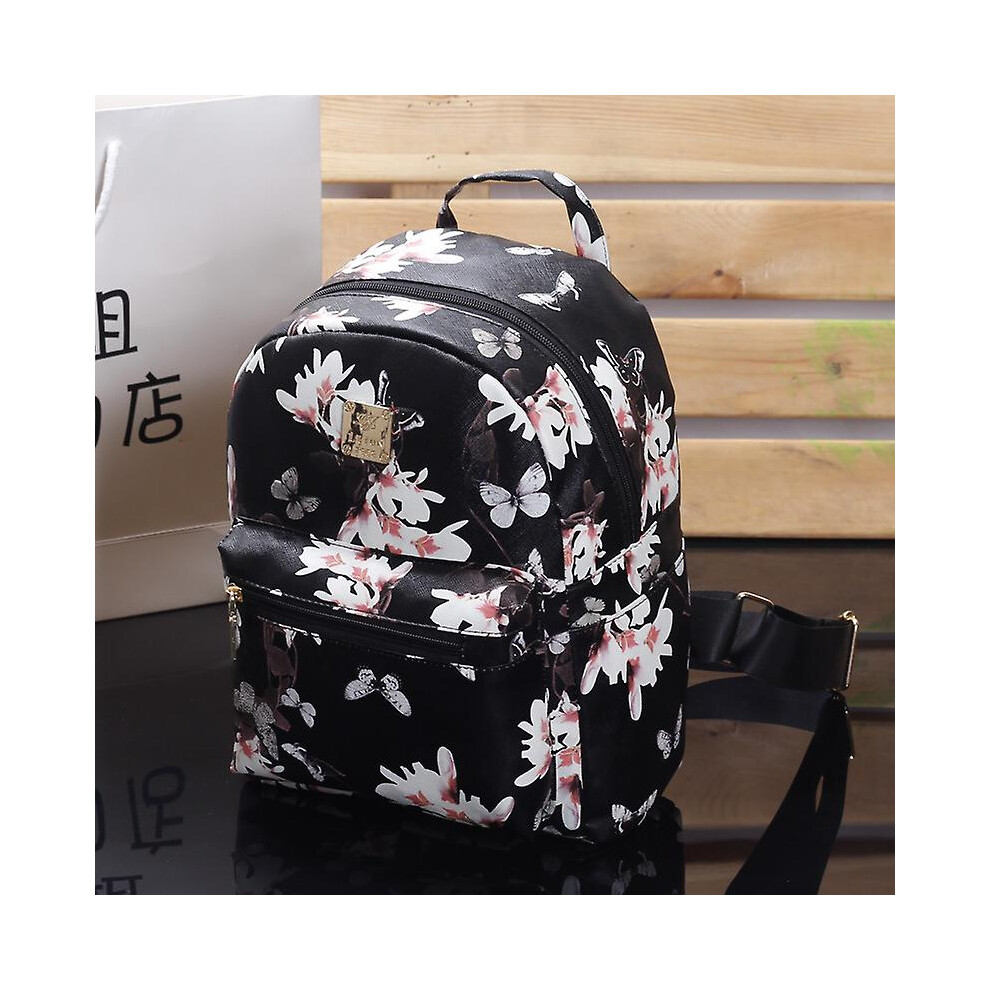 (Black) New Fashion Butterfly Flower Children Backpack Floral Pattern Pu Leather Leisure Backpack Student Baggage Leisure Travel Bag-image-OPC-PFT996J-NEW