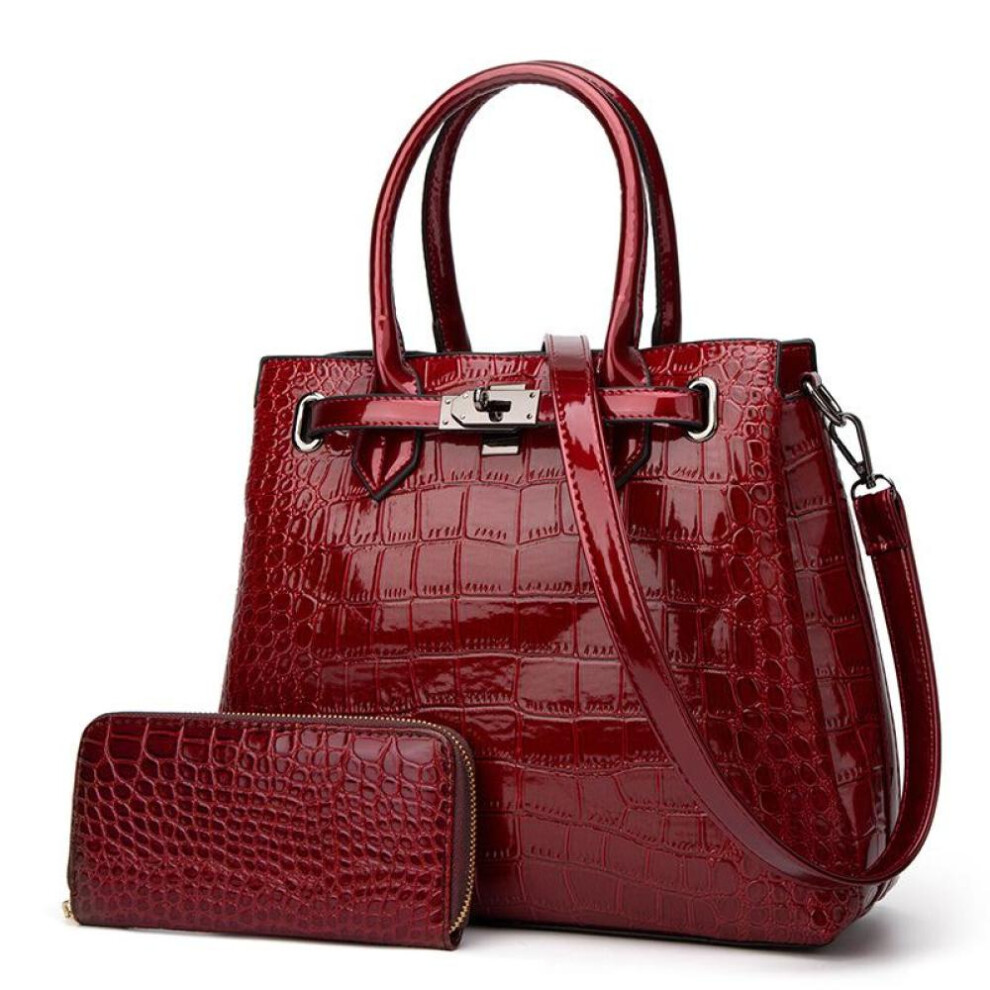 (barn red, one size) Crocodile Pattern Lacquer Leather Women's Bag Two Piece Handheld One Shoulder Diagonal Straddle Bag