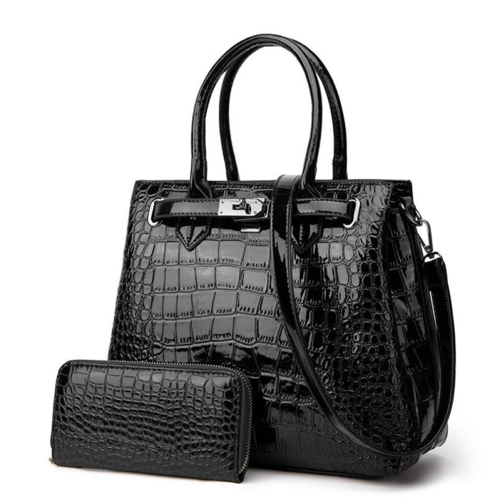 (black, one size) Crocodile Pattern Lacquer Leather Women's Bag Two Piece Handheld One Shoulder Diagonal Straddle Bag