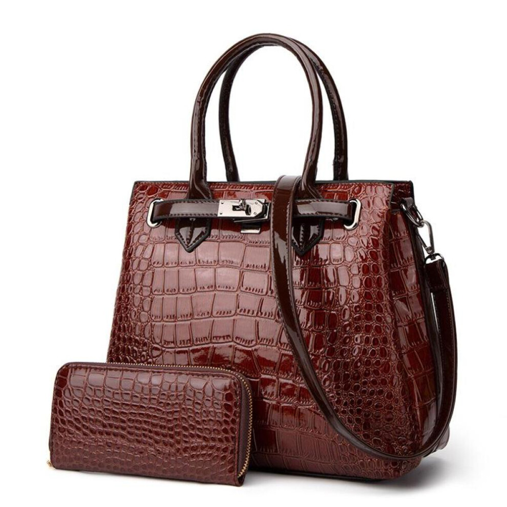 (brown, one size) Crocodile Pattern Lacquer Leather Women's Bag Two Piece Handheld One Shoulder Diagonal Straddle Bag