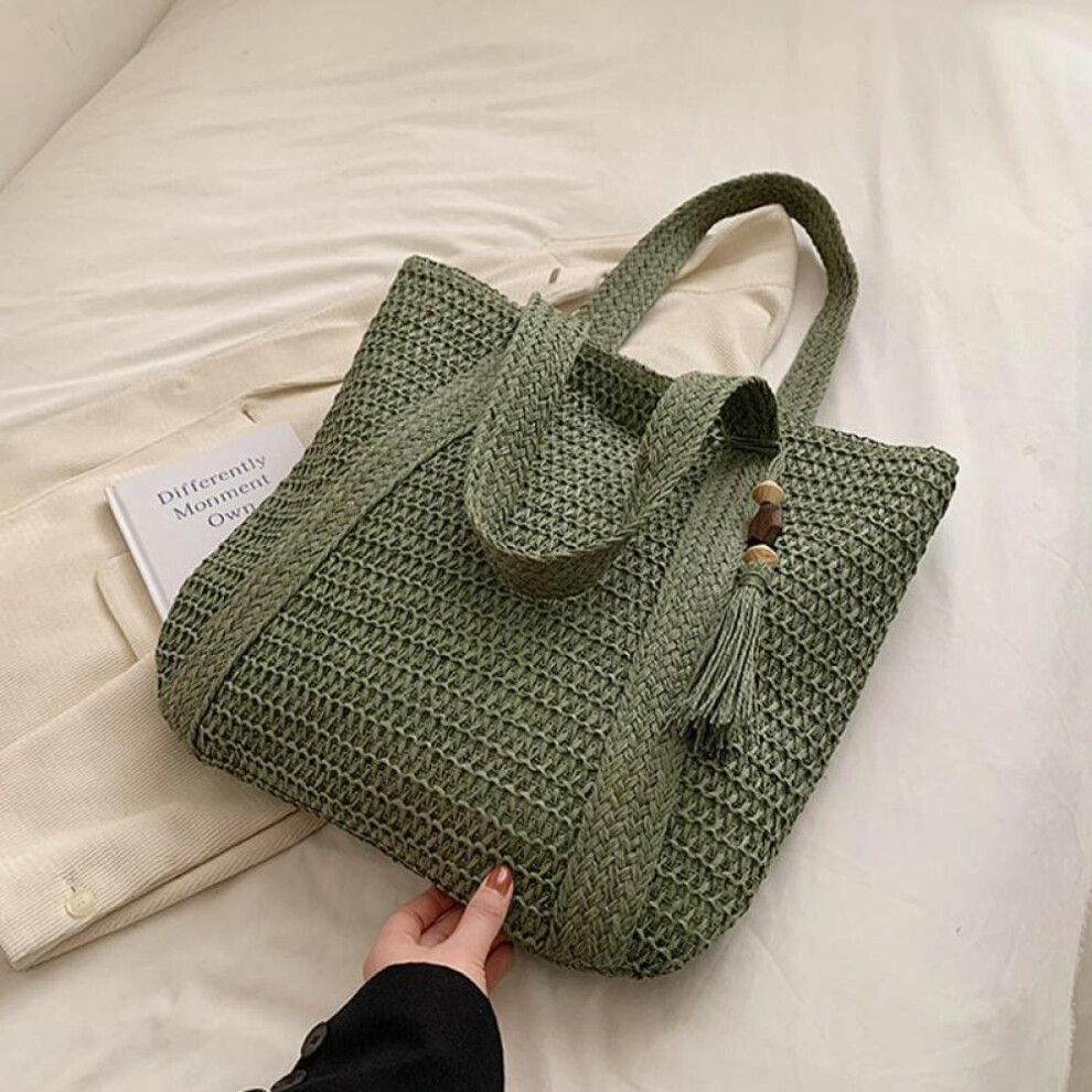 (green, 36x2x40cm) Yogodlns Summer Woven Shoulder Bag Women Beach Bag Female Straw Knitted Handmade Large Capacity Handbag Purse Travel Tassel Shopper Tote