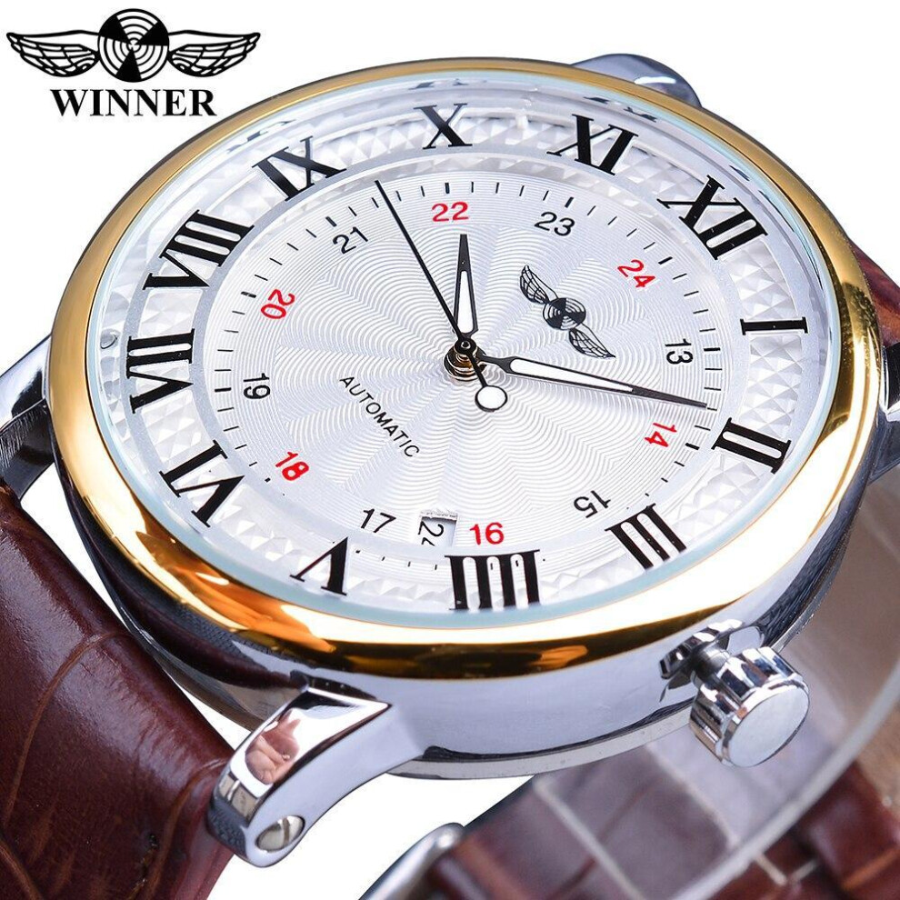 (gold) Winner Rome Number Fashion Men Brand Sport Wristwatches Self Wind Automatic Mechanical Calendar Leather Watch Clock