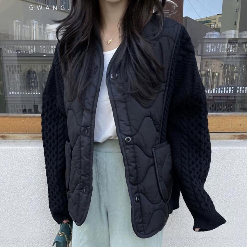 (black, One Size) Dimanaf 2024 Winter Women Sweaters Patchwork Wadded Buttons Coat Knitting Jacket Fake Two-piece Loose Sweater