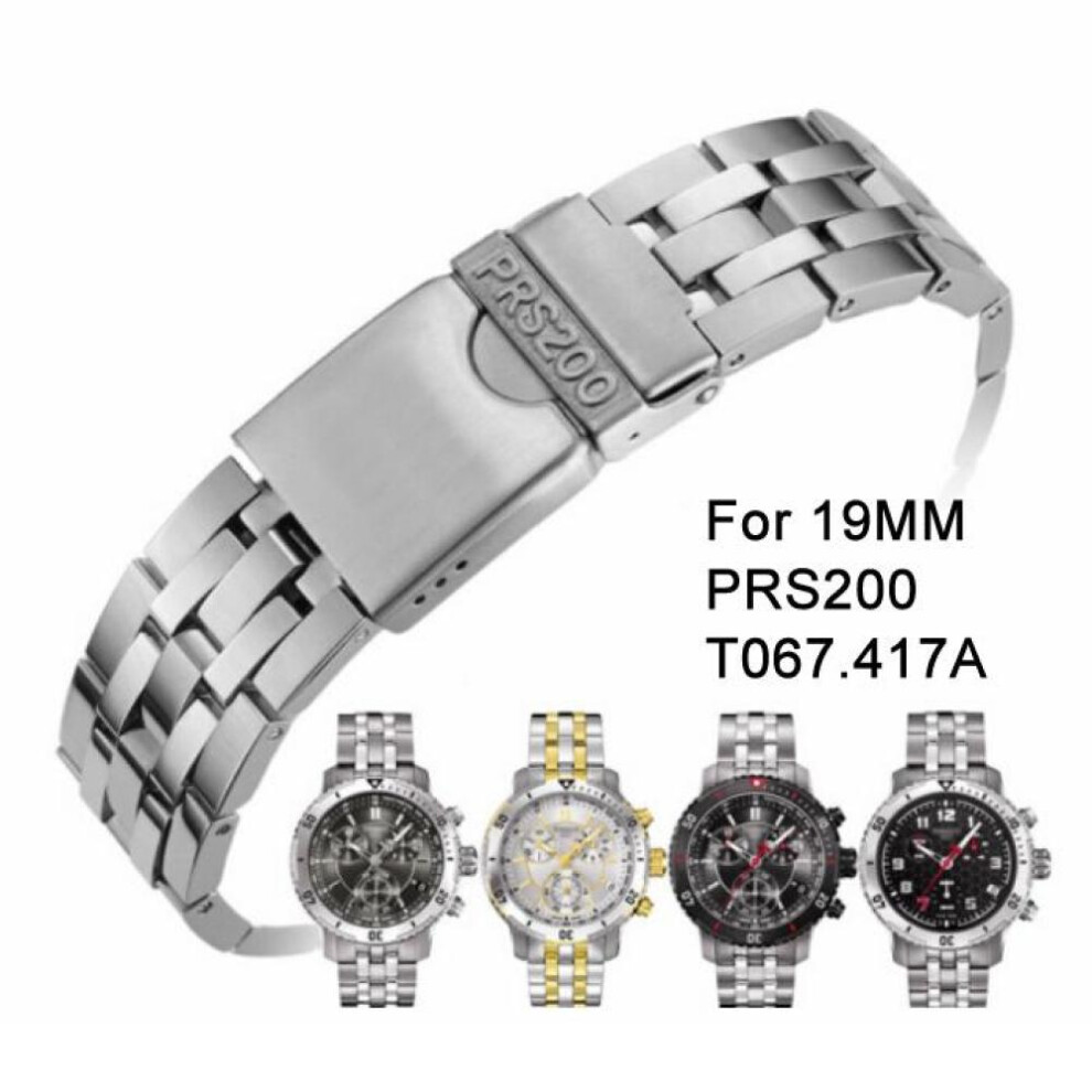 (silver, T067-19MM) 19mm Prs200 Series T067417a T067417 Series Watch Band Watch Parts Male Strip Solid Stainless Steel Bracelet Strap Watch Band For T