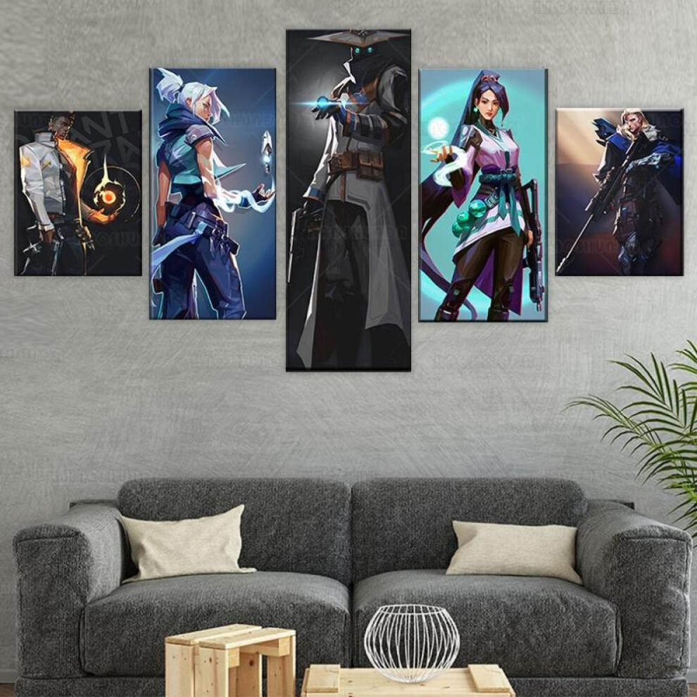 (as the picture, 30x40cm*2  30x60cm*2  30x80cm*1) 5 Pieces Valorant Oil Painting Jett Sage Cypher Phoenix Sova Canvas Video Game Posters Home Decor Sofa Background Wall Cover Ar
