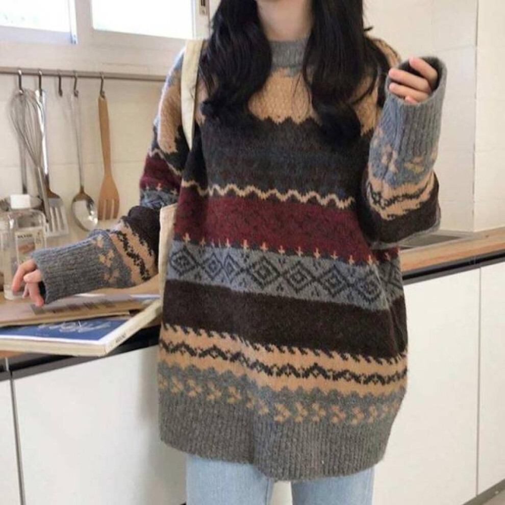 (grey, One Size) Vintage Sweaters Women Pullover Winter Striped Jumpers Korean Style Oversized Sweater Knitwear Casual Loose Pullover Pull Femme