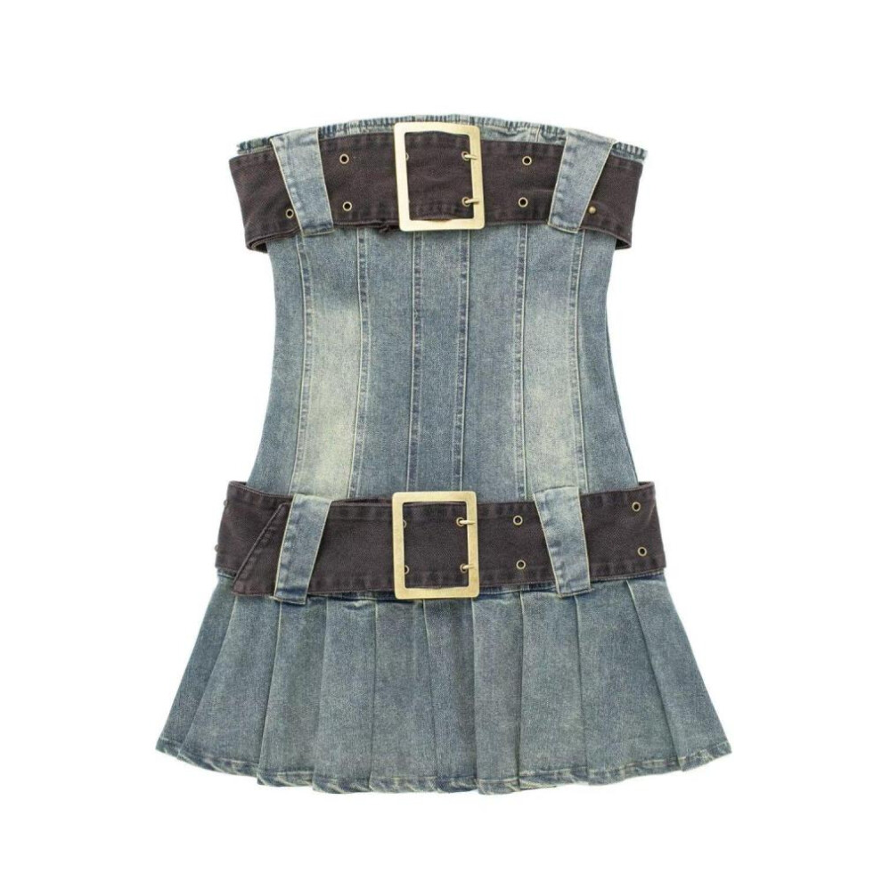 (blue, M) Vintage Dress Y2k 2000s One-piece Corset Denim Dress With Belt Pleated Mini Short Jean Blue Gown Hottie Summer Women