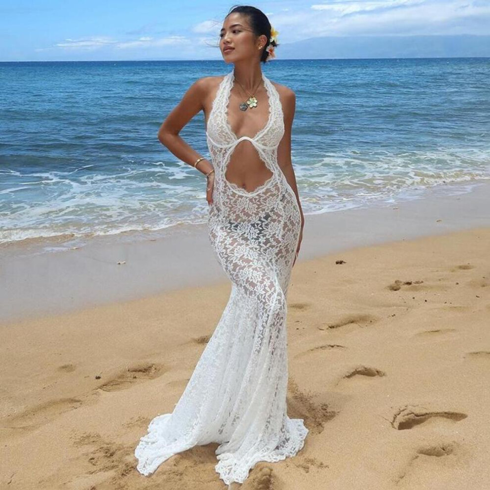 (white, S) White Hollow Out Sexy See Through Dress For Women Sleeveless Slim High Waist Patchwork Backless Beach Long Dresses Lady Elegant Evening Dress Femme