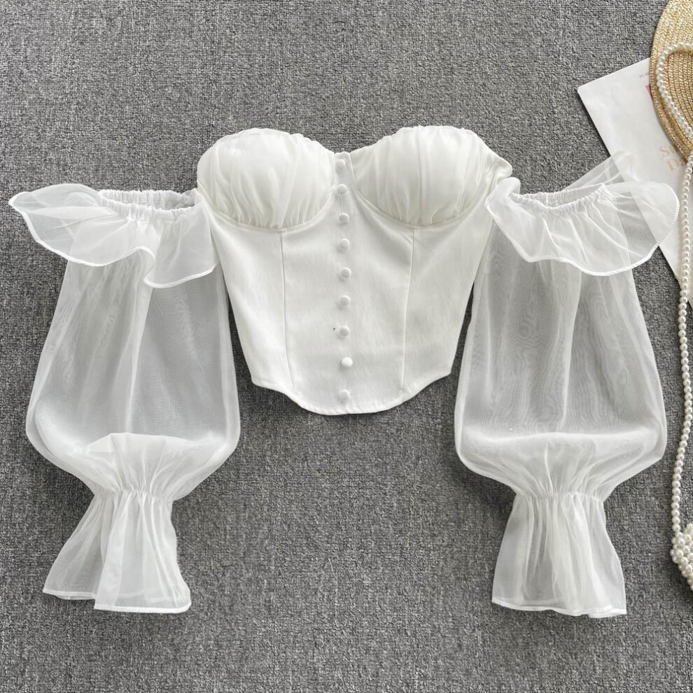 (white, One Size) Rugod One-shoulder Top Feminine Off-the-shoulder High-end Collarbone Wrap Chest Short Chiffon Shirt Long-sleeved Western-style Shirt