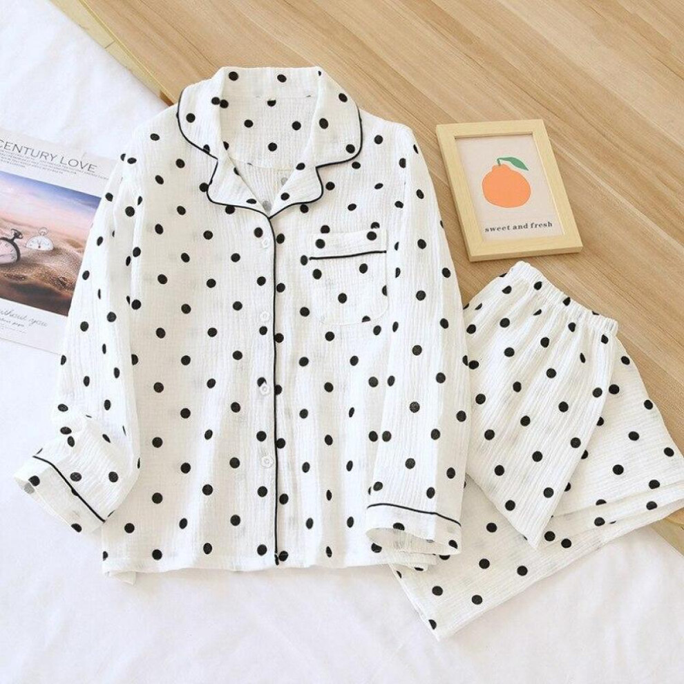 (as the picture, L) Spring And Autumn New Ladies Pajamas Two-piece Long-sleeved Trousers 100%cotton Crepe Thin Large Size Polka-dot Home Service Set