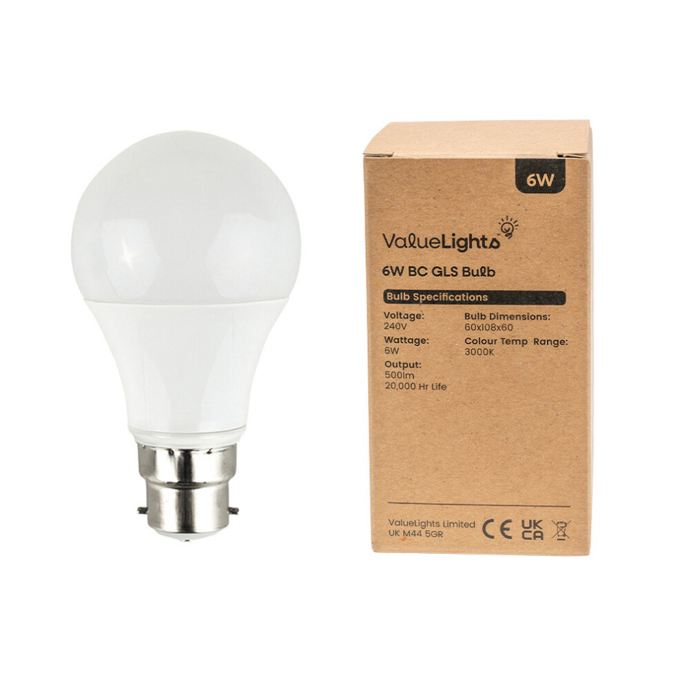 Pack of 10 High Power 6w LED BC B22 SMD GLS Energy Saving Long Life Bulbs [3000K Warm White]