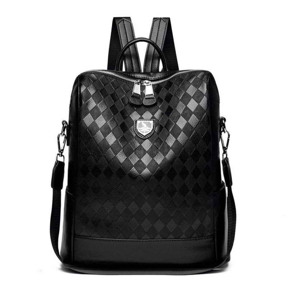 (black) Soft Leather Backpack Women&apos;s Rhomboid Backpack Large Capacity Travel Schoolbag