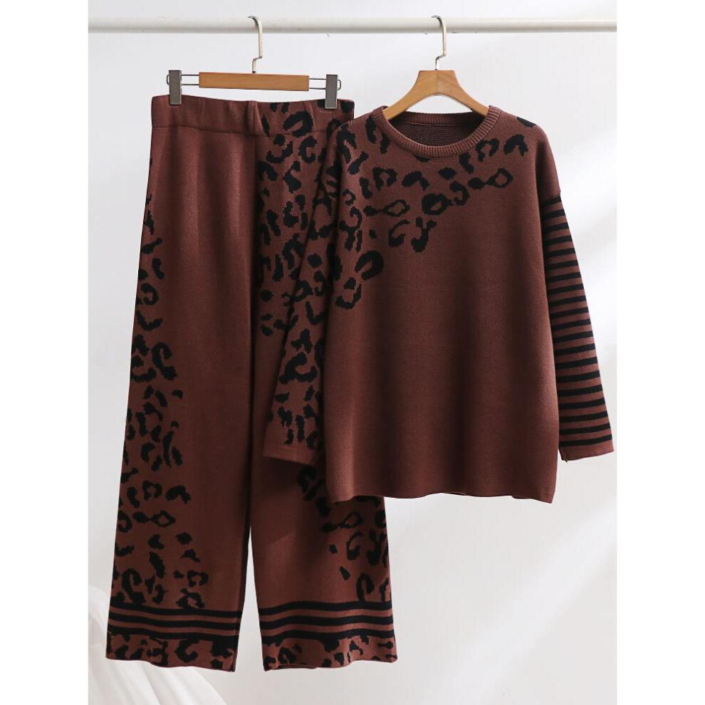 (brown, One Size) Leopard Print Jacquard Knitted Two-piece Sets Women Thick Autumn Winter Loose Sweater Top Straight Pants Suits Female Outfits