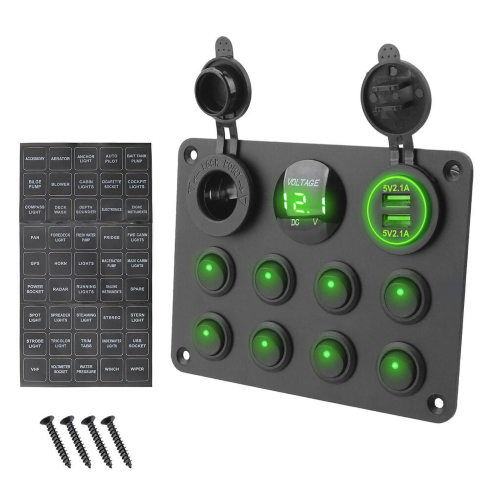 (green) 12-24v 8 Gang Toggle Switch Panel For Car Boat Rv Truck Atv Caravan Cigarette Lighter Socket Circuit Breaker Dual Usb Voltmeter