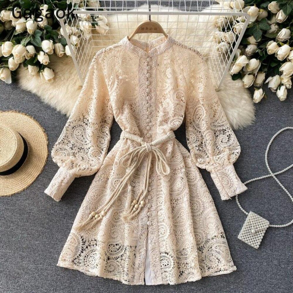 (apricot, S) Lace Elegant Dress Women Spring Autumn New O-neck Lantern Sleeve Hollow Out Short Dresses Korean Chic Fashion Robe