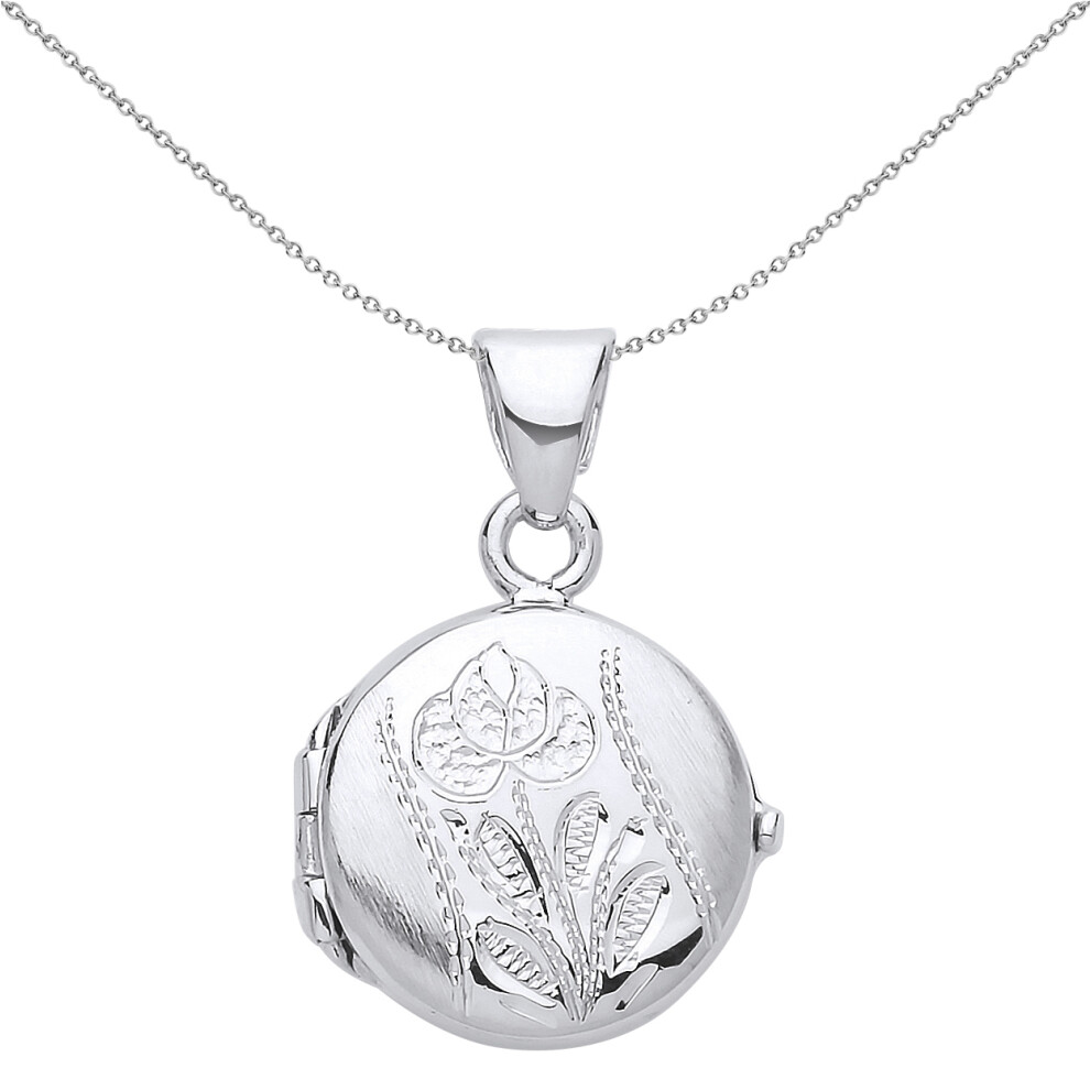 Jewelco London Ladies Sterling Silver Brushed Flower Round Locket Necklace 18 inch - LK51