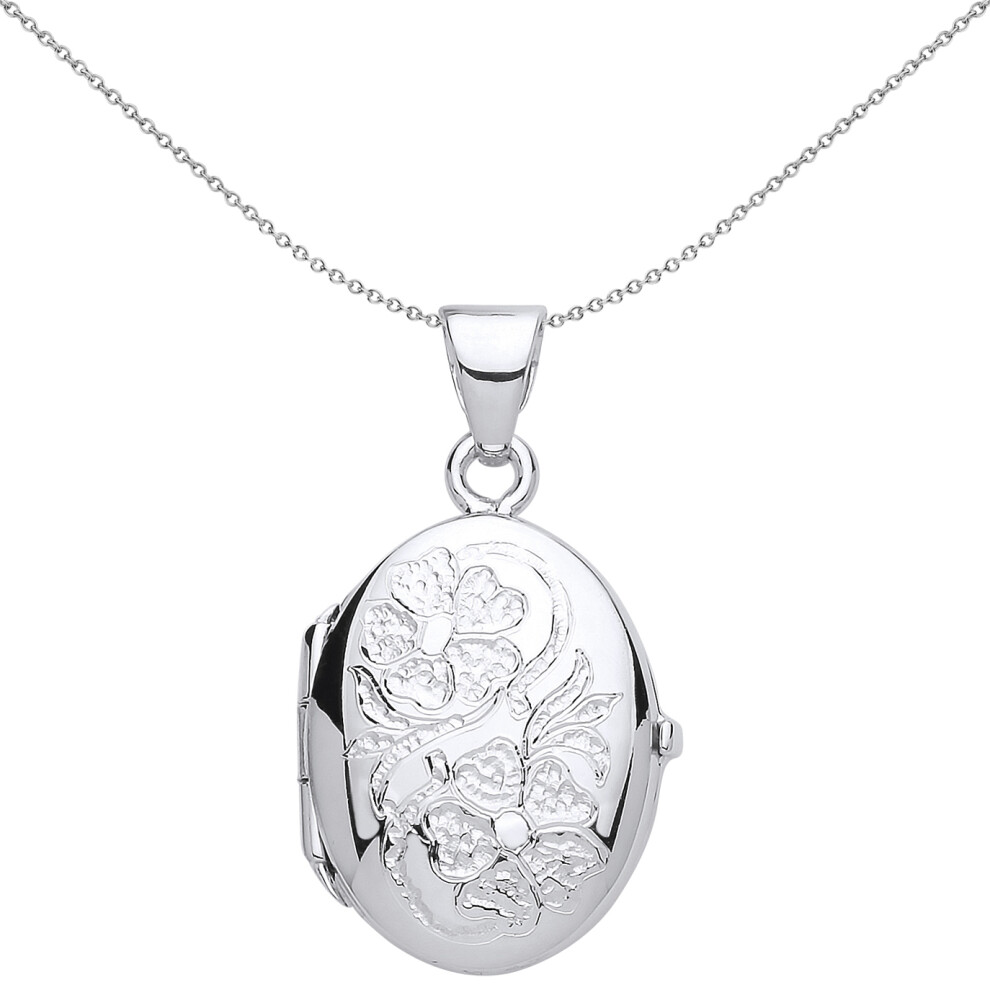 Jewelco London Ladies Sterling Silver Flowers Oval Locket Necklace 18 inch - LK52