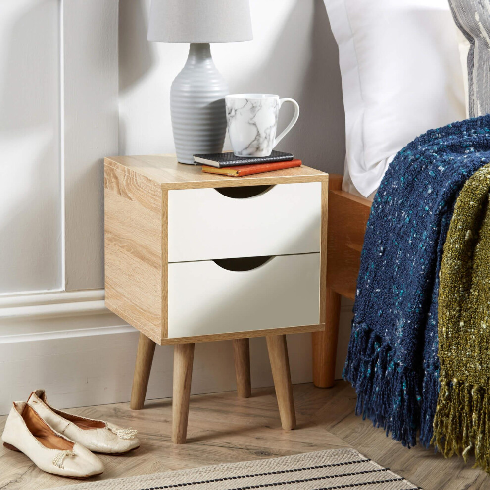 Bedside Cabinet 2 Drawer Oak White Lamp Side Table Solid Wood Legs Scandi Style