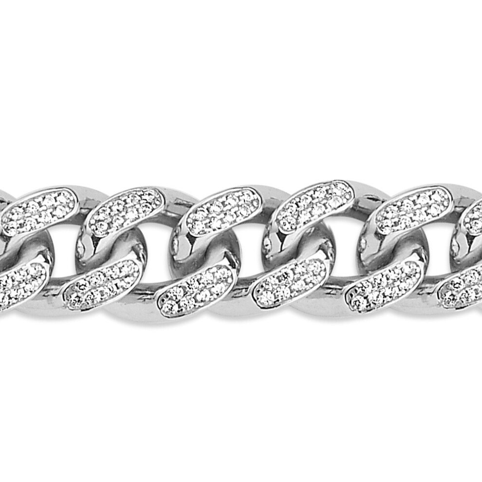 Jewelco London Ladies Sterling Silver Cubic Zirconia Encrusted Cuban Curb Bracelet 9mm 7 inch - GVB418