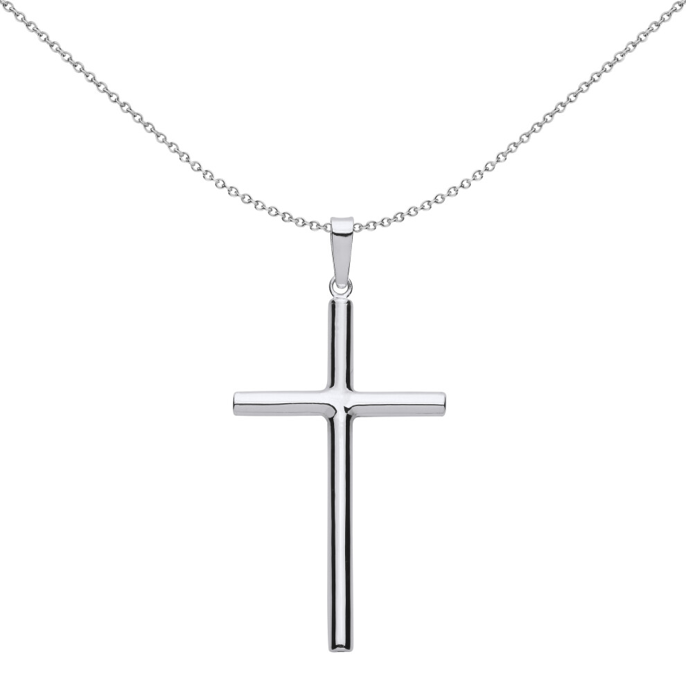 Jewelco London Unisex Rhodium Plated Sterling Silver Minimalist Round Tube Latin Cross Pendant Necklace 18 inch - GVX101