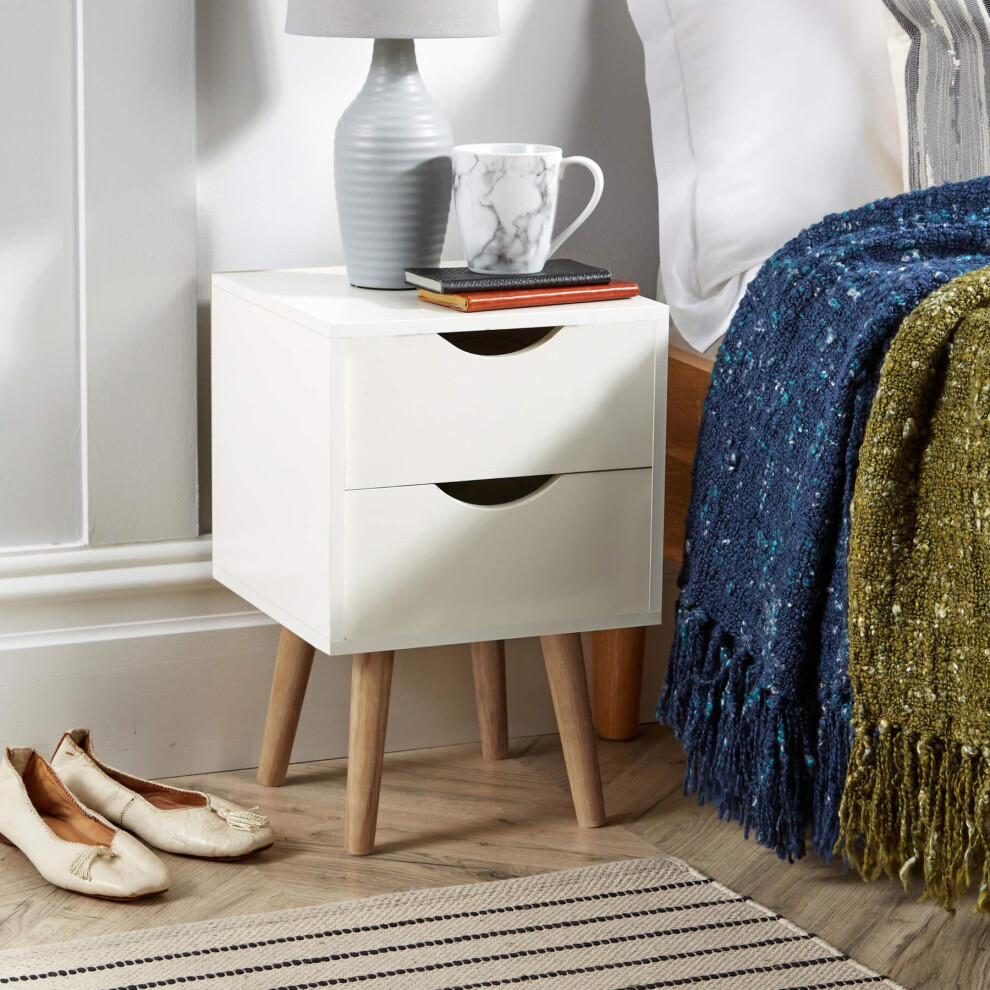 White Bedside Cabinet 2 Drawer Lamp Side Table Solid Wood Legs Scandi Style