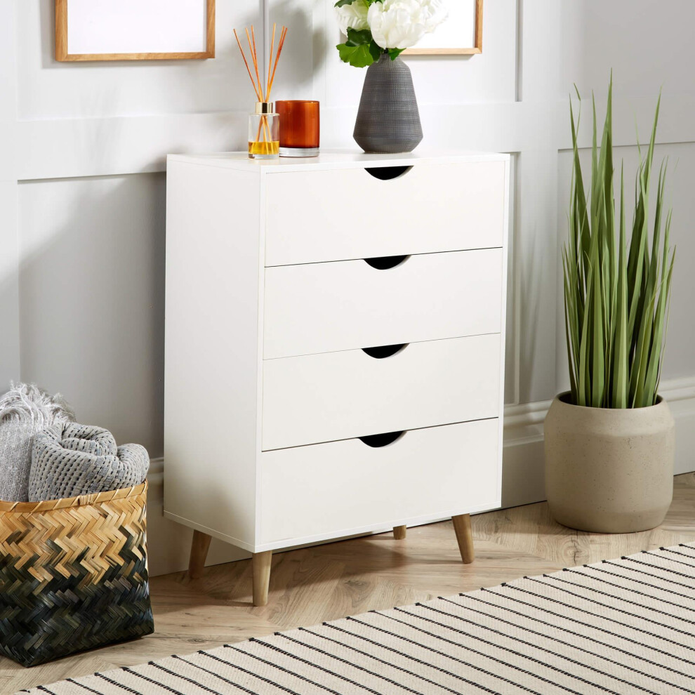 White Chest of 4 Drawers Bedroom Storage Solid Wood Legs Scandi Style