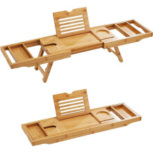 MantraRaj Extendable Bamboo Bath Caddy Tray Board Tablet Wine Phone Holder 2 in 1 Bath Tub Tray Bed Tray with Legs