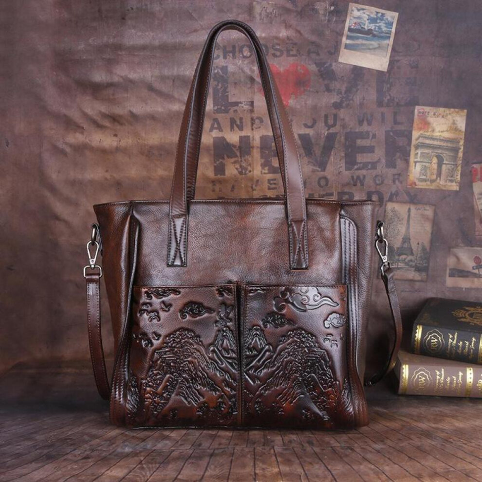 (dark brown) Johnature Retro Genuine Leather Female Bag Large Capacity Casual Tote Handmade Embossed Women Handbag Shoulder Bags