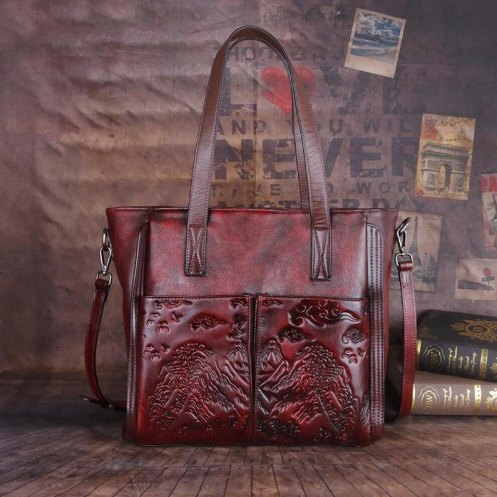 (red) Johnature Retro Genuine Leather Female Bag Large Capacity Casual Tote Handmade Embossed Women Handbag Shoulder Bags