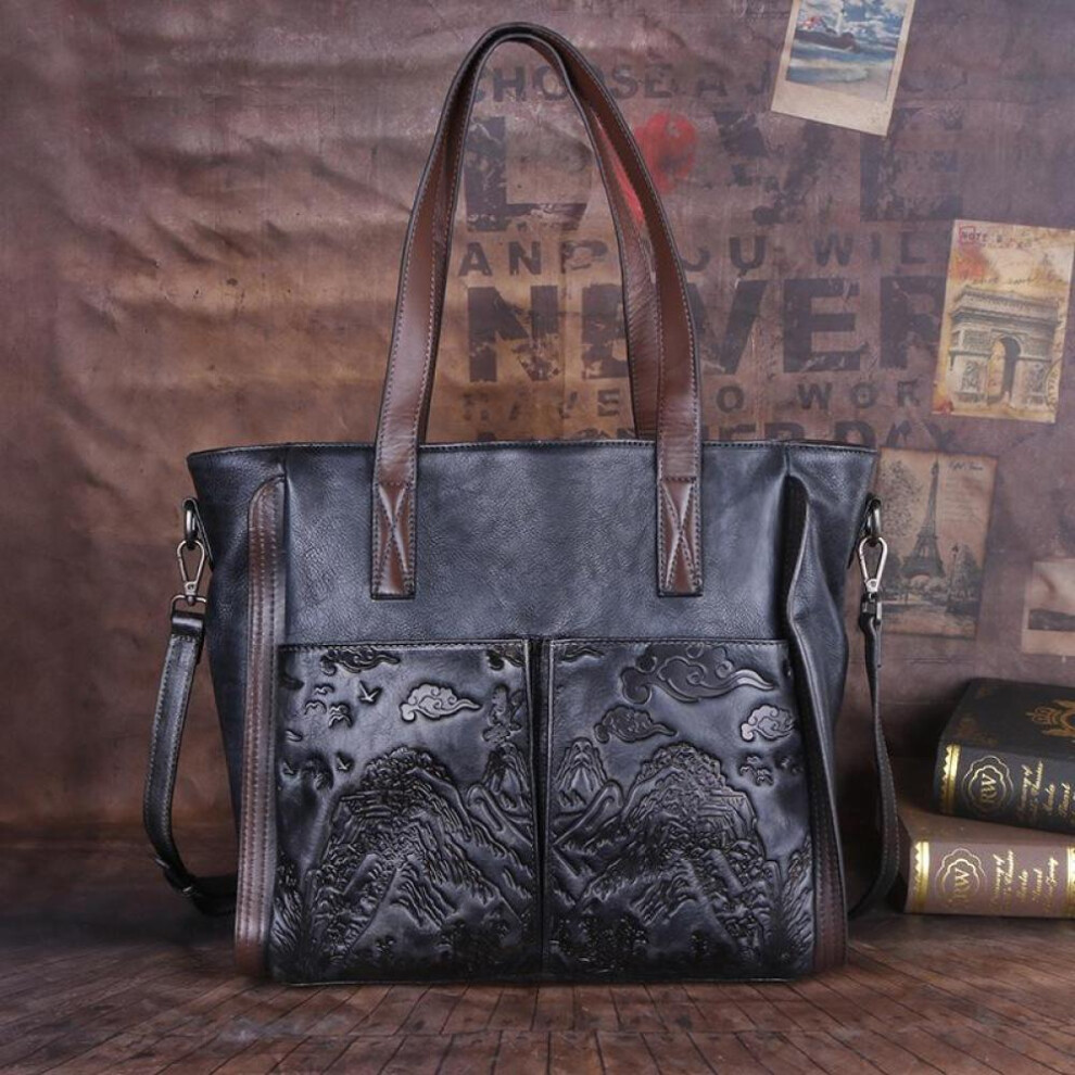 (grey) Johnature Retro Genuine Leather Female Bag Large Capacity Casual Tote Handmade Embossed Women Handbag Shoulder Bags