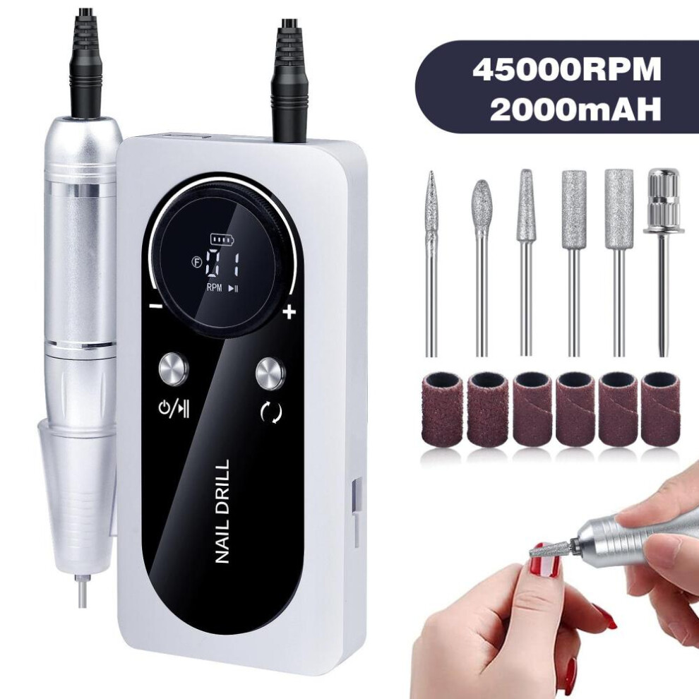 (white) 45000rpm Nail Drill Machine Electric Portable Nail File Rechargeable Nail Sander For Gel Nails Polishing For Home Manicure Salon