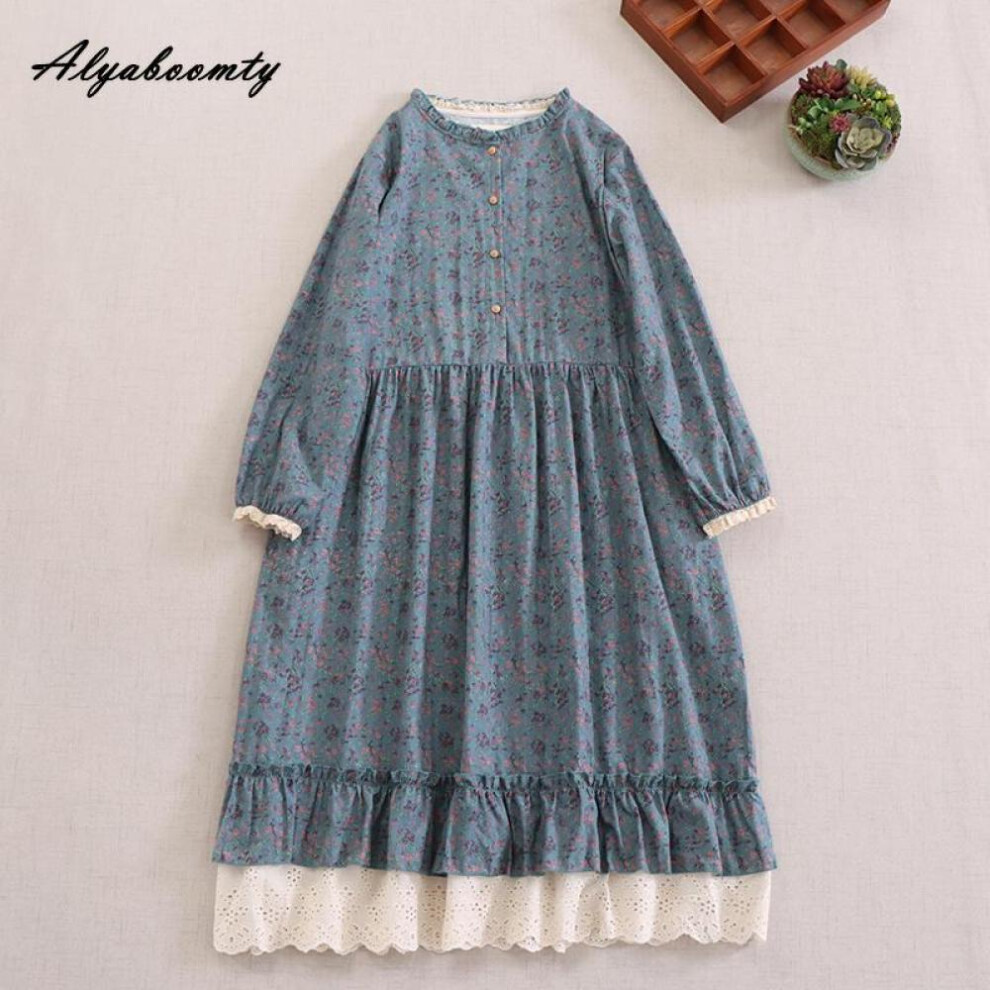(blue, One Size) Mori Girl Spring Autumn Women Retro Dress Stand Collar Blue Apricot Coffee Floral Print Dress Cotton Linen Vintage Loose Midi Dress
