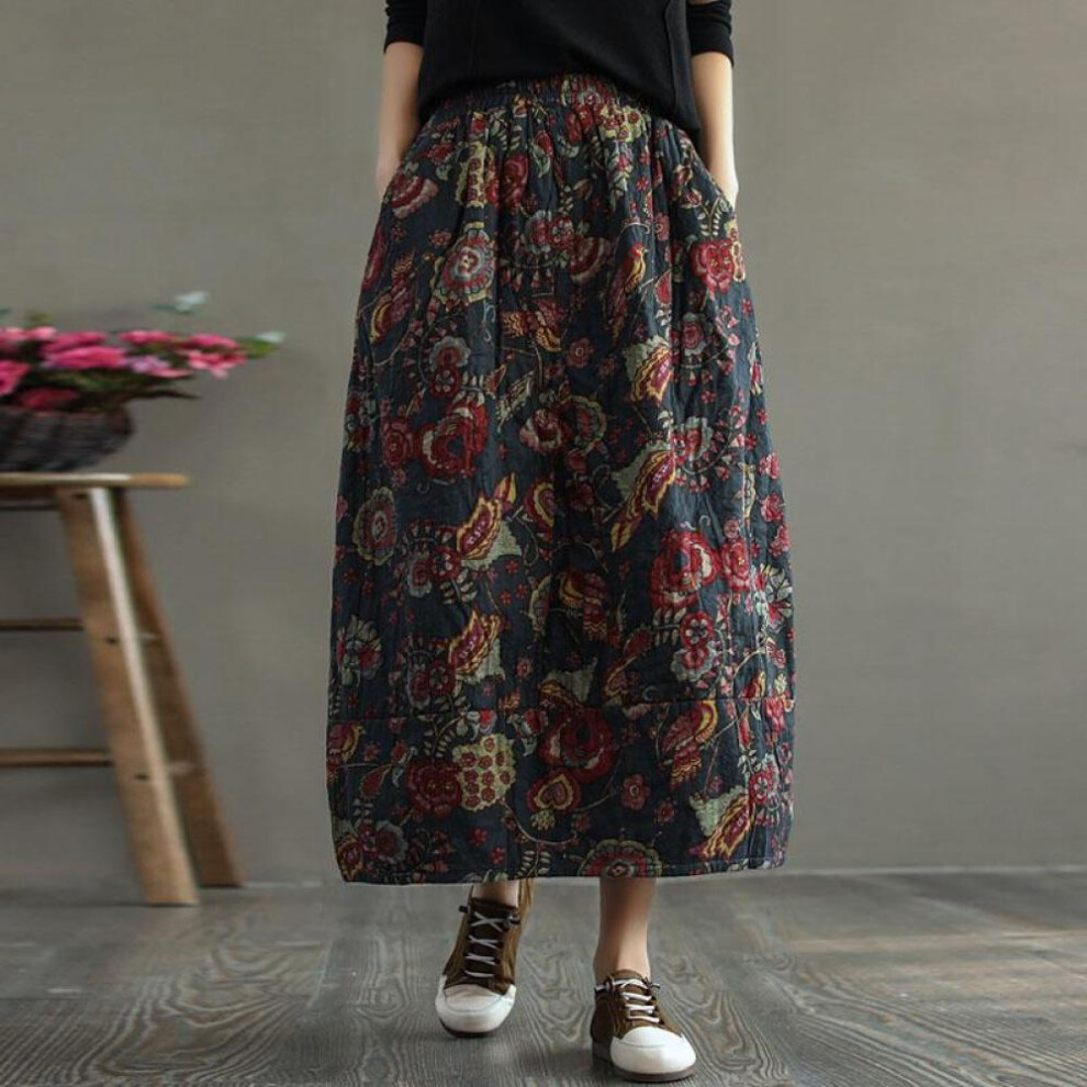 (navy blue, One Size) Johnature Women Padded Quilted Print Floral Skirt Cotton Blended Vintage Elastic Waist Clothing Autumn Winter Pocket Skirts
